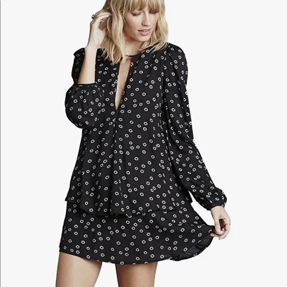 Free People Womens Layered Printed Casual Dress Black Xs